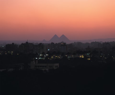 View of the pyramid at night.