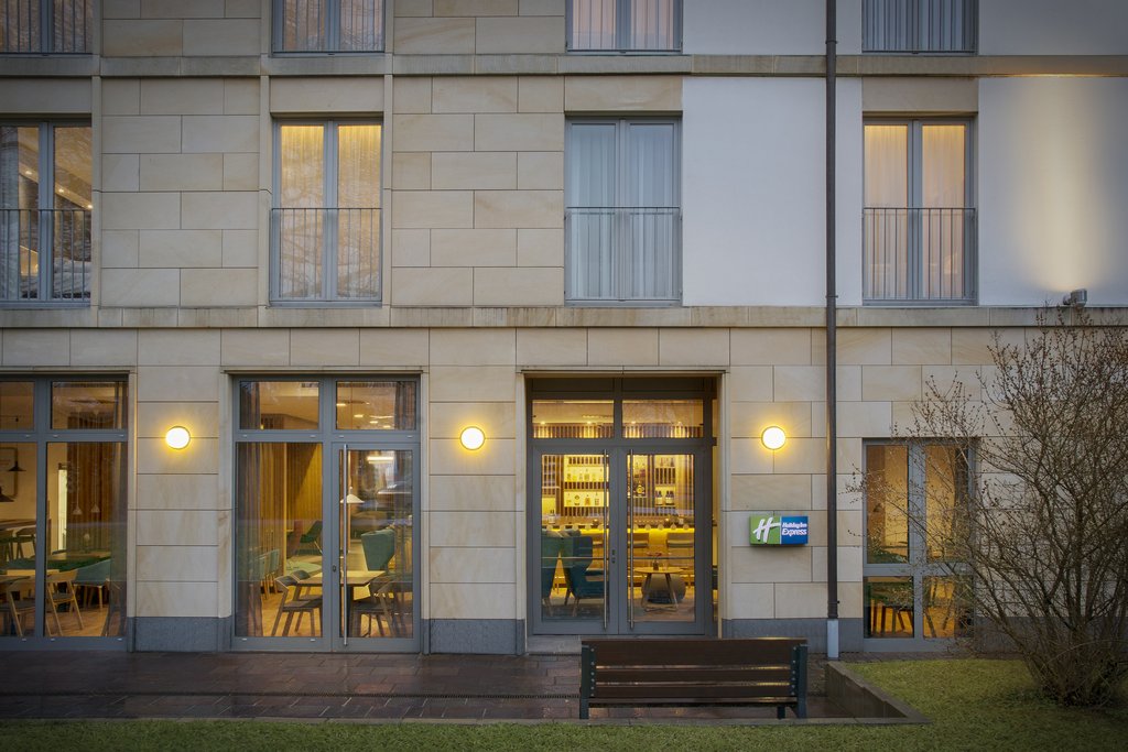 Exterior view looking into the hotel's bar and dining area.
