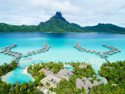 Aerial view of Resort and Bora Bora main island in the background