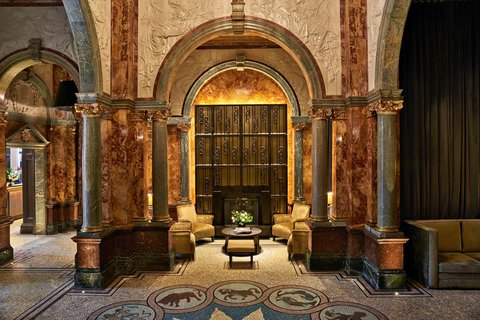 A beautifully restored lobby, mixing the old with new