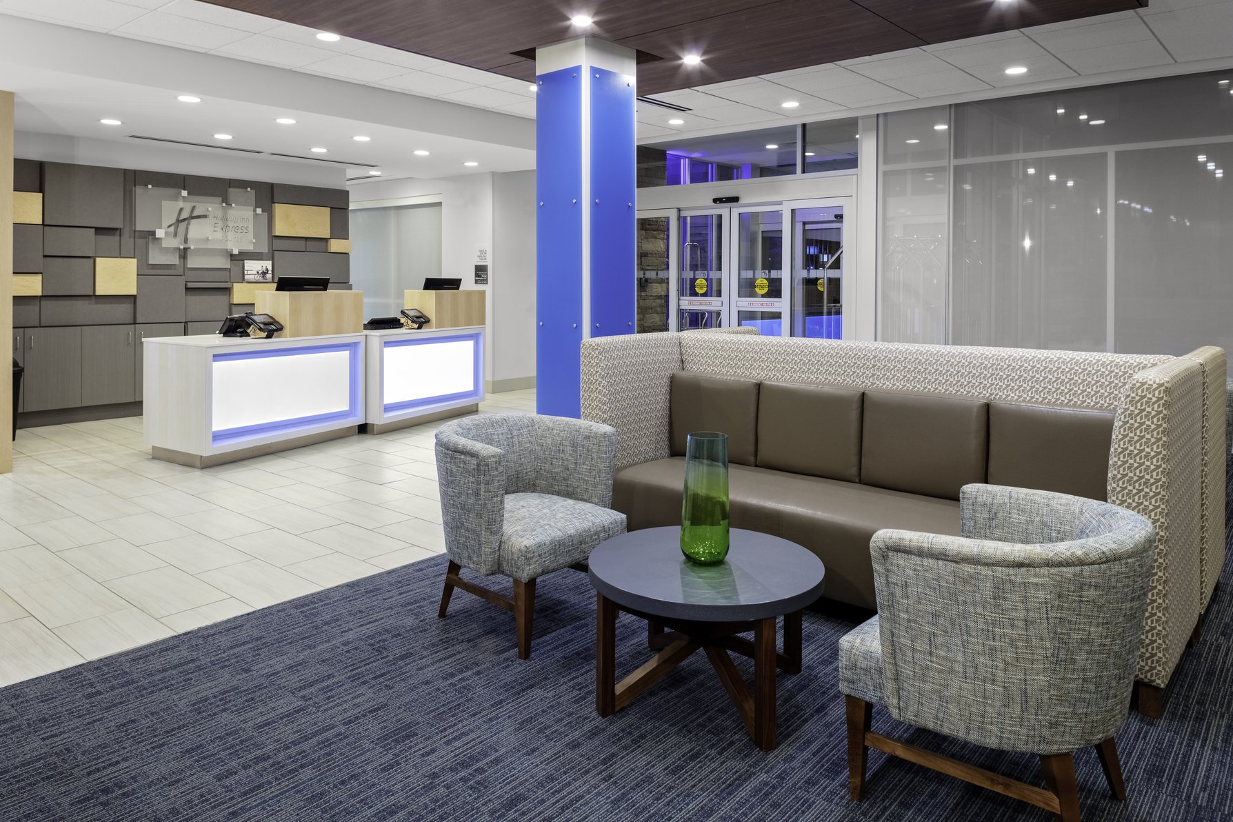 Our Wilmington hotel's stylish lobby has plenty of space to relax.