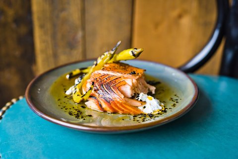 hot-smoked trout, burnt lemon yoghurt and charred guindillas