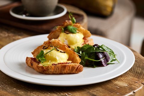 Croissant Eggs Benedict at Ramsa Lobby Lounge