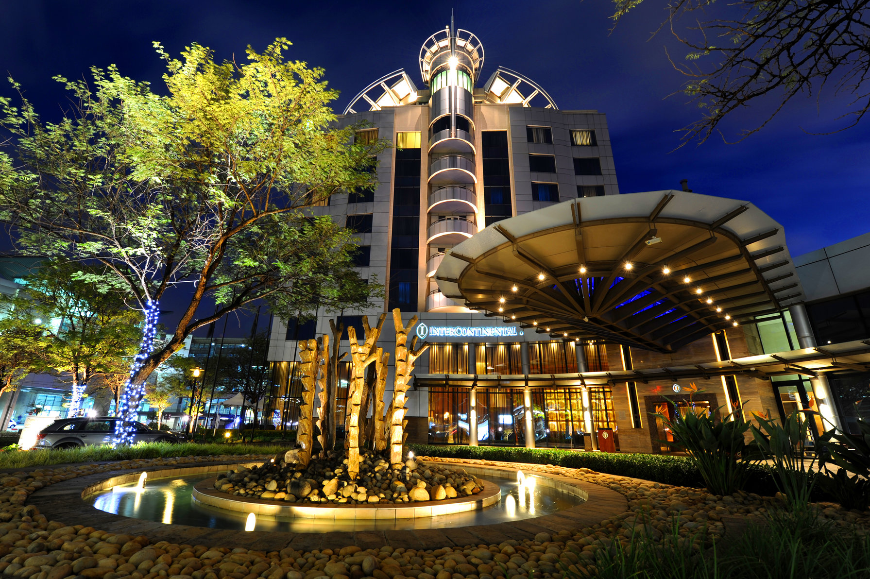 Hotel exterior arrival area at night