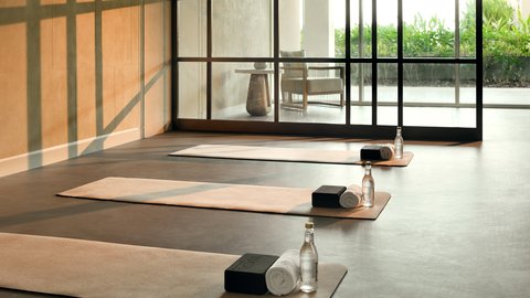 The natural light-flooded gym has a separate fitness studio