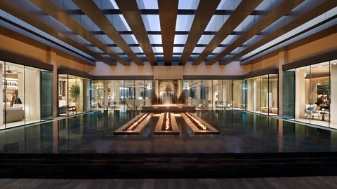 A water feature in the resort's courtyard that lights up by night