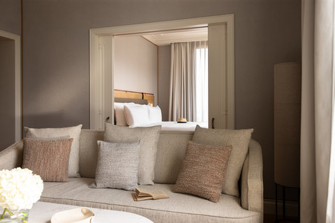 METT Barcelona Hotel Sea View Suite Wide Shot Living Area And Door And Bedroom Area